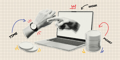 Trendy paper cutout collage elements. Halftone style stickers with doodles. Modern collage template. Time to work, time is money.