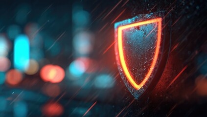 Digital Security Shield on a Rainy Window with City Lights.