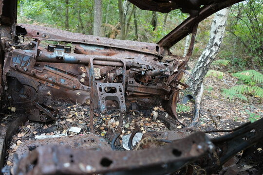 Fototapeta Rusting car wreck in woodland at Strawberry Hill Heath, Mansfield, Nottinghamshire, England - a vintage scene amidst the countryside landscape.