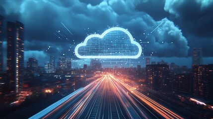 Dark Sky Cityscape With Glowing Cloud And Orange Light Streaks cloud computing technology photo