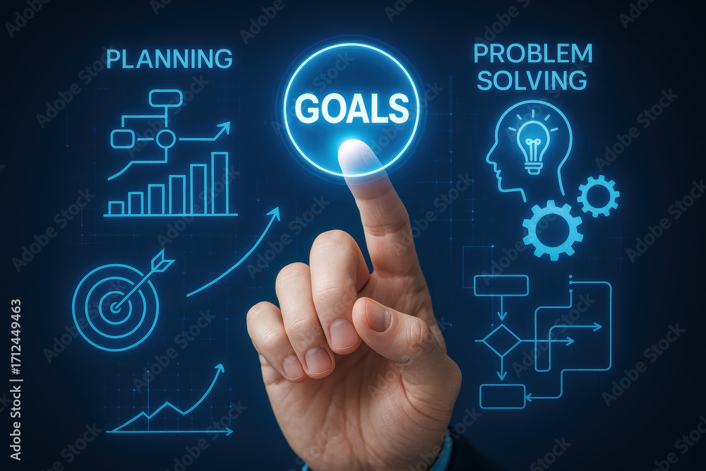 Aufkleber goals and planning inspire problem solving with strategy and innovative solutions driving progress
