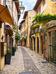 Charming cobblestone alley in Malcesine, Italy, lined with colorful houses, flower pots, and balconies draped in greenery. A peaceful, picturesque glimpse of traditional Italian village life.