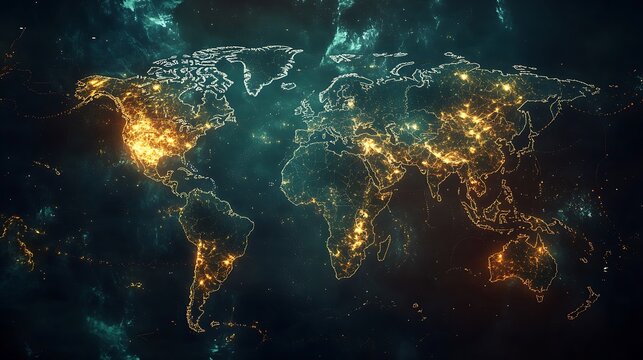 Dark World Map Illuminated by Glowing Cities and Cosmic photo Background global network
