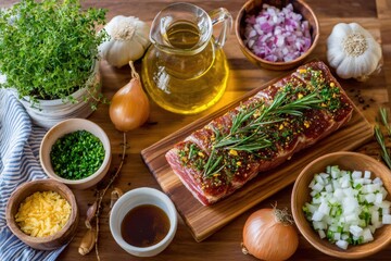 Fresh Ingredients for Culinary Creation on a Wooden Surface, Featuring Raw Meat, Vegetables, Herbs, and Cooking Oil in a Vibrant Kitchen Setting