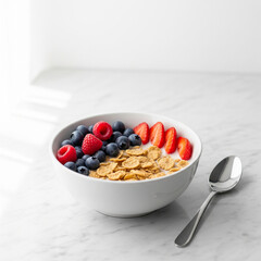 Minimalist gluten free cereal bowl with almond milk and fresh berries, healthy vegan breakfast, top view


