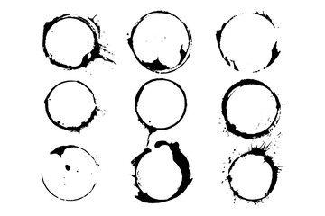 Grunge circle stains and coffee ring textures in bold ink style, Transparent Background