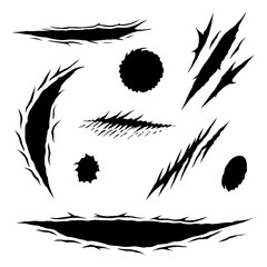 Claw tears and ripped hole shapes in bold grunge silhouette style, Transparent Background