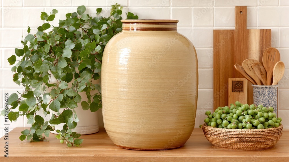 Aufkleber medium shot of a traditional ceramic crock centered with softfocus greenery and utensils behind high
