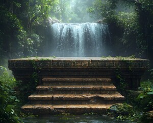 Ancient stone altar with steps and waterfall in a lush jungle setting