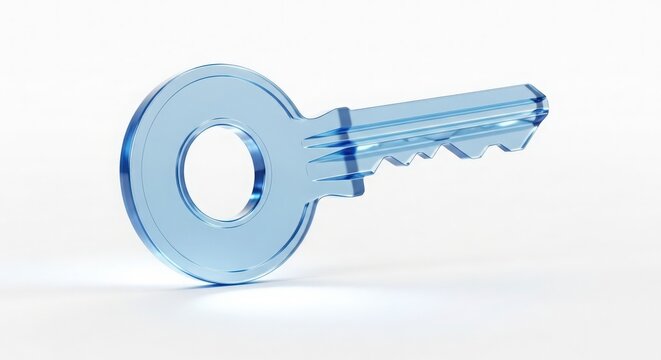 A translucent blue key lying on a white surface casting a subtle shadow in a studio setting