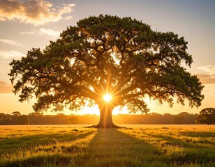 Majestic oak tree at golden sunset