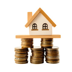 Miniature wooden house balanced on stacks of golden coins, Concept of real estate investment, mortgage finance, home value, and financial stability
 isolated on transparent  background (PNG)