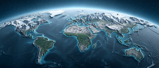 Abstract digital world map projection connecting data networks above mountain peaks gigapixel detail global perspective