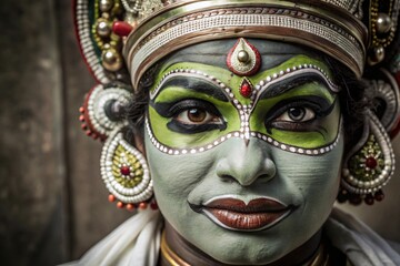 Close up portrait of a Kathakali dancer with elaborate makeup and headdress