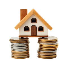 Miniature wooden house balanced on stacks of golden coins, Concept of real estate investment, mortgage finance, home value, and financial stability
 isolated on transparent  background (PNG)