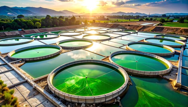 Circular Ponds with Green Algae at Sunset in Rural Landscape