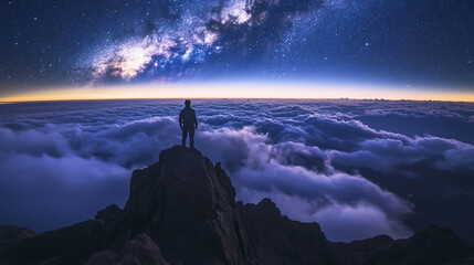 Fototapeta premium A lone figure contemplates the vast expanse of the night sky, standing atop a mountain peak amidst a sea of clouds, bathed in the ethereal glow of stars