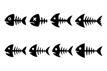 Fish bone skeleton icons in bold cartoon silhouette style, Transparent Background