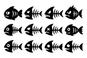 Fish bone skeleton icons in bold cartoon silhouette style, Transparent Background