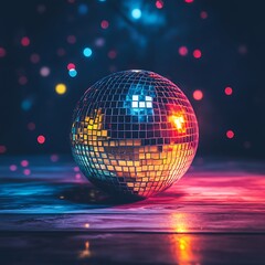 Obraz premium Disco Ball on Wooden Surface with Colorful Bokeh Lights mirror ball party photo