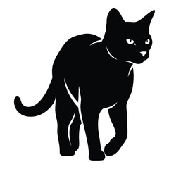 Silhouette of a black cat walking with a curled tail and white eyes silhouette