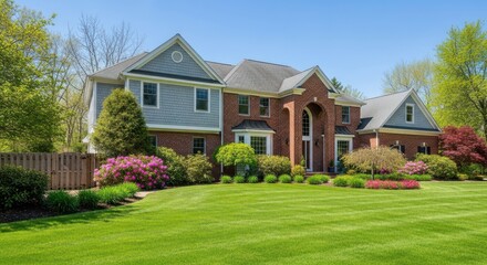 Spacious Brick Colonial Home with Manicured Lawn and Vibrant Gardens