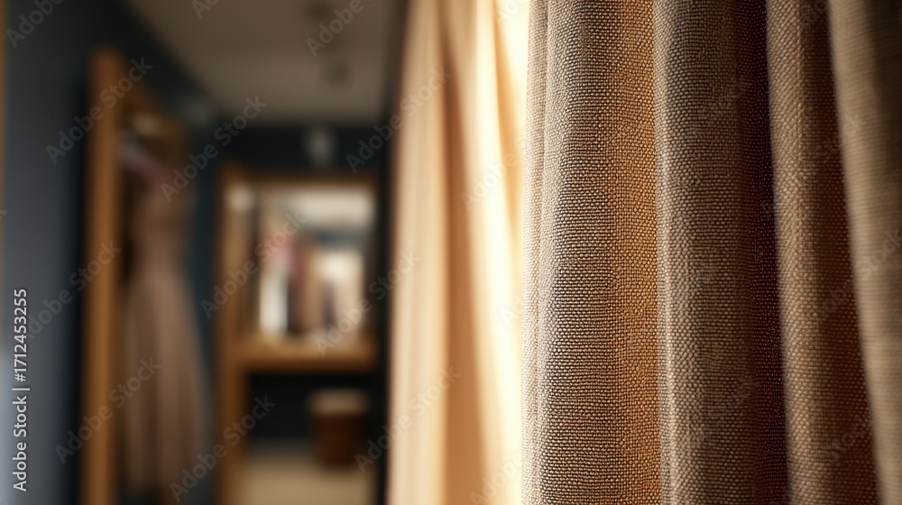 Poster welllit medium shot capturing a textured curtain gently pulled closed isolating the main object in f
