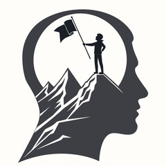 Monochrome illustration of achieving a goal, A man with a flag on a mountain top inside a human head, Vector - Generative AI
