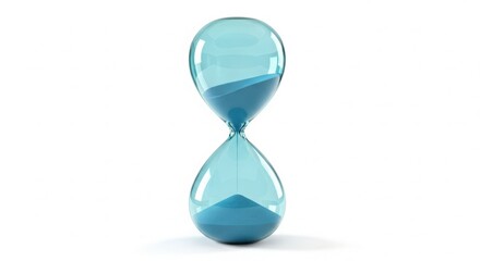 A light blue hourglass with blue sand on a white background in a studio setting with soft lighting