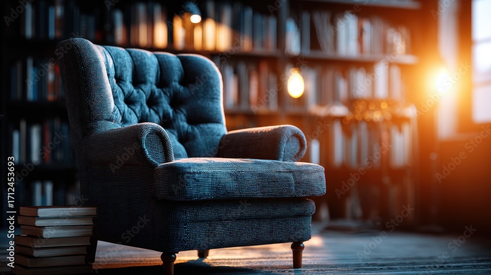 Poster warm armchair bathed in soft light with blurred bookshelf background creating a peaceful reading noo