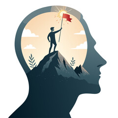 A successful mindset for a bright future, Man with a flag on a mountain inside a human head, Vector illustration - Generative AI
