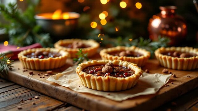 Festive tart crusts with nuts and dried fruit on rustic wooden board, cozy holiday dessert with warm candlelight, inviting atmosphere for winter celebrations, perfect for festive gatherings