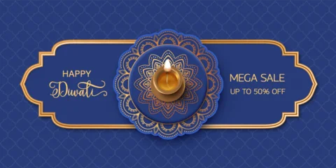 Diwali Concept design. Traditional background with diya lamp, golden frame and rangoli pattern © Nadezda Kostina