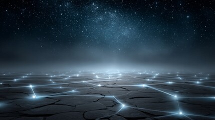 Abstract digital network of glowing data points connecting across a desert landscape at night