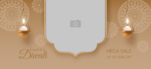 Diwali Festival sale banner with empty space for photo image, copper diya lamp and golden frame