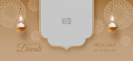 Diwali Festival sale banner with empty space for photo image, copper diya lamp and golden frame © Nadezda Kostina