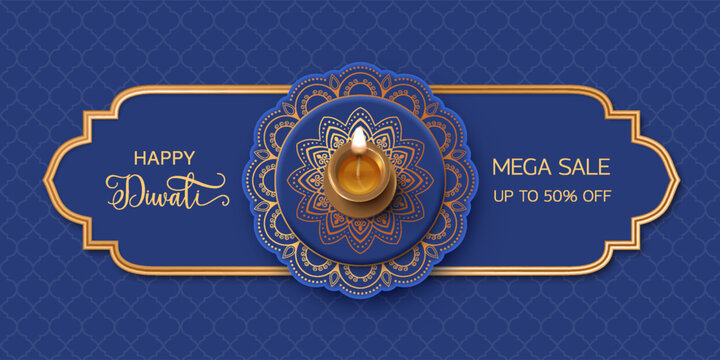 Diwali Concept design. Traditional background with diya lamp, golden frame and rangoli pattern