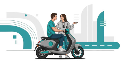 Couple Enjoying A Joyful Conversation While Riding Modern Electric Scooter In City