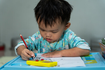 Toddler Drawing with Pencil on Paper at Home