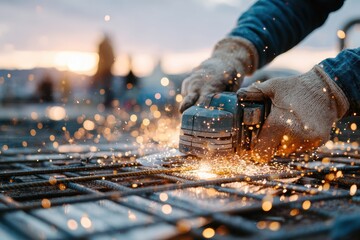 Close-up of a Worker Using a Power Tool to Cut Metal, Creating Sparks and Bright Flashes Against a Backdrop of a Beautiful Sunset Sky in an Outdoor Setting