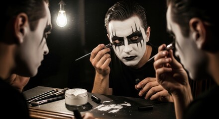 Man applying black and white face paint in front of a dark mirror scene