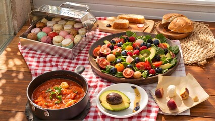 A Colorful Array of Culinary Delights: Macarons, Salad, Bread, Avocado, Figs, and Tomato Sauce, Placed Harmoniously on a Wooden Surface.