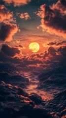 Dramatic Sunset Over Turbulent Ocean with Fiery Clouds and Moon water waves photo