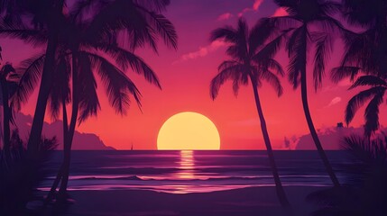 Serene tropical sunset over calm ocean waters, framed by silhouetted palm trees and distant hills