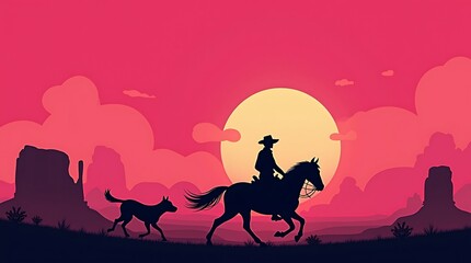 Rider of the Desert: Silhouettes Against a Pink Horizon, Companions of the Dusk: Cowboy, Horse, and Dog in Harmony