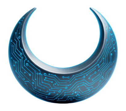 Suspended crescent with embedded micro-circuitry and a steady, blue halo.