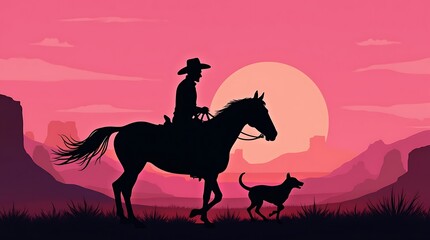 Rider of the Desert: Silhouettes Against a Pink Horizon, Companions of the Dusk: Cowboy, Horse, and Dog in Harmony