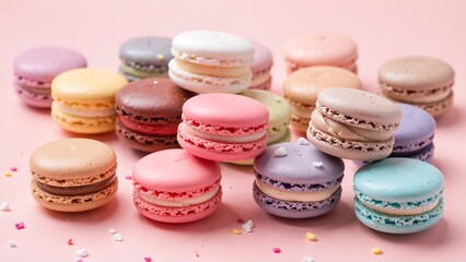 A Delightful Array of Colorful Macarons: A Sweet Pastel Dream in Every Bite, Perfectly Arranged on a Soft Pink Surface