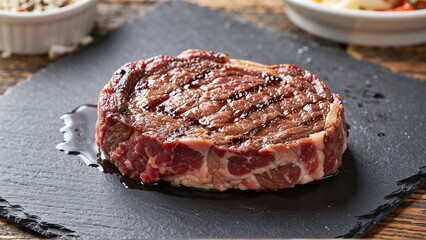 Delicious Grilled Steak Sizzling with Perfection, Presented Artfully on a Dark Slate Serving Board, Promising a Delightful Culinary Experience.