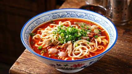 Steaming Bowl of Spicy Noodle Soup: A Culinary Symphony of Flavors and Textures, Garnished with Fresh Scallions, Aromatic Spices.